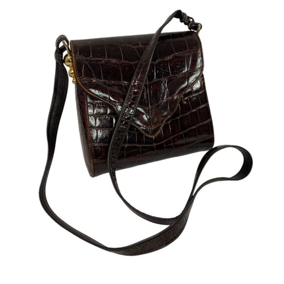 Sondra Roberts Faux Croc Embossed Brown Hardshell Purse Shoulderbag - Picture 1 of 7